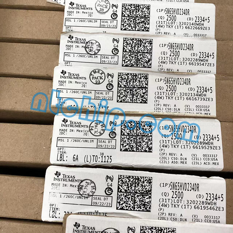 Five boxes of Texas Instruments SN65HVD234DR with labels
